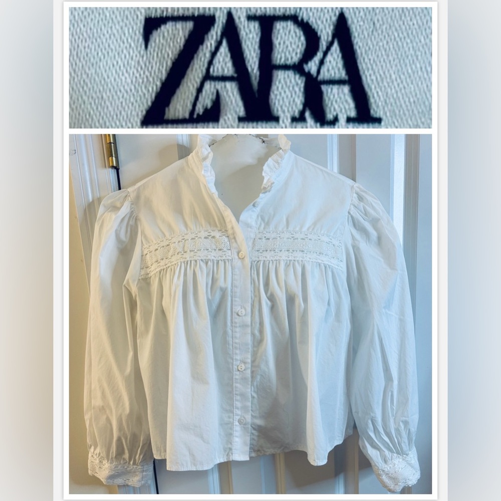 Zara Button-Down Blouse Lace Ruffled Collar cotton puff blouson sleeves medium